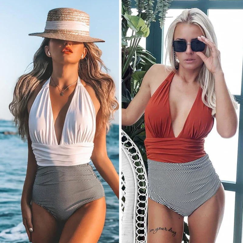 

Swimsuits Woman 2021 new One Piece Sexy Striped Stitching Bikini Swimsuit V-neck Swimsuit One Piece Women's Bath Suits Swimwear