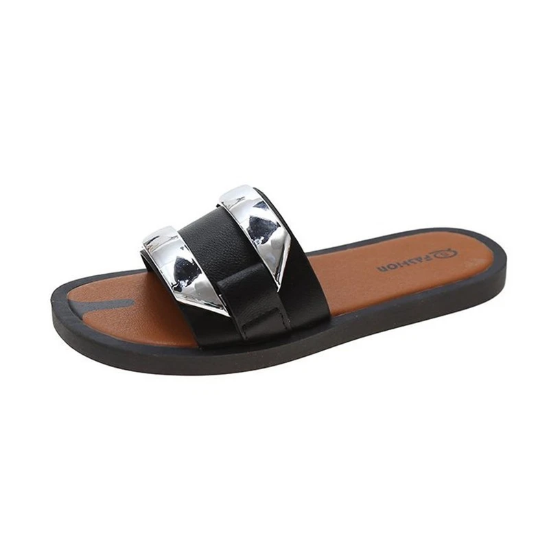 

Female Shoes Rivet Womens Slippers Outdoor Slides Low Flat Beach Summer PU Metal Decoration Rubber Flat Shoes Female