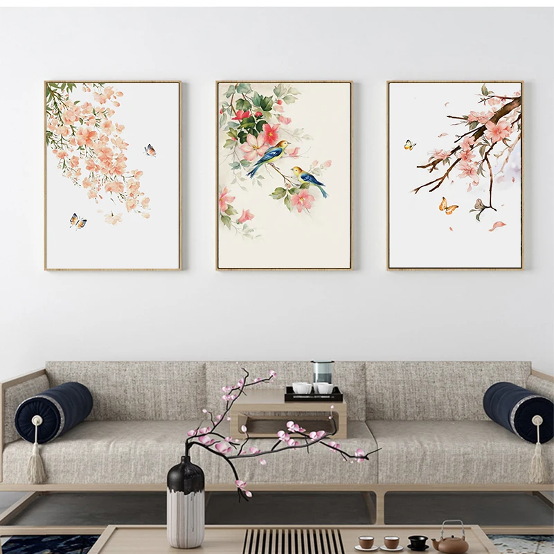 Бабочка птицы розовый цветок китайские чернила Цветочная абстракция на стену