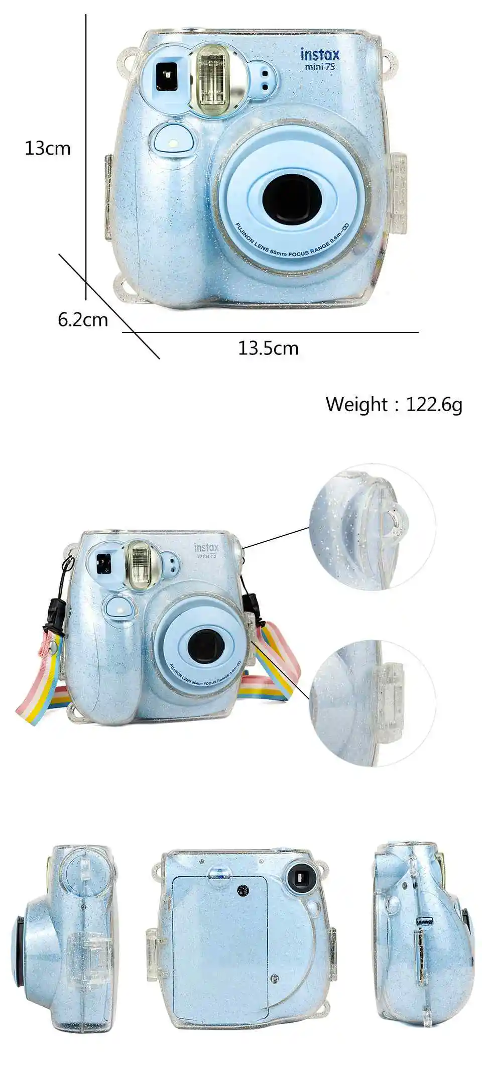 CAIUL мгновенная Камера сумка для Fujifilm Instax Mini7s/7c блестящая обложка прозрачный кристалл оболочки с красочным плечевым ремнем