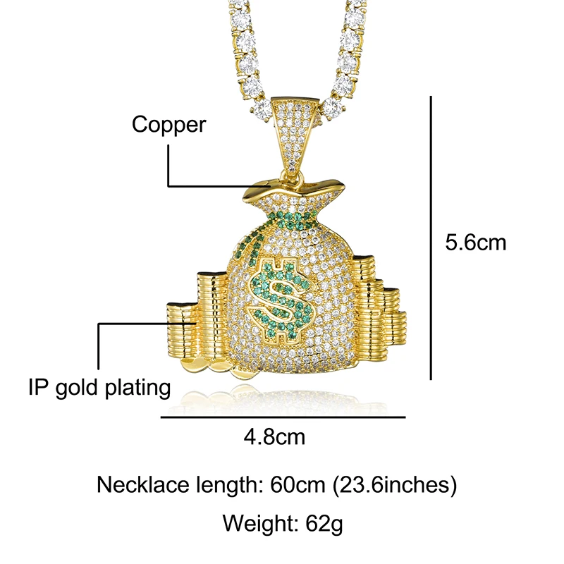 

D&Z Necklace Iced Out Bling US Dollar Pendant Money /Dollar bag Gold Color Iced Out Cubic Zircon Micro Paved Fashion Jewelr