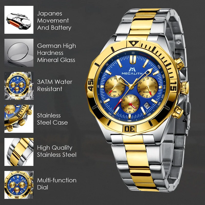 MEGALITH Montre Homme 2019 мужские часы аналоговые кварцевые из натуральной нержавеющей