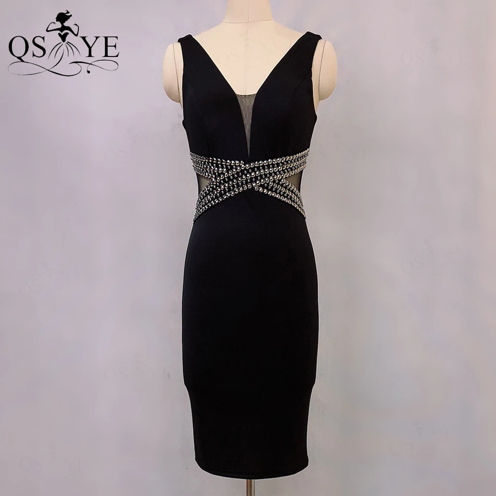 

Fit Black Short Prom Dress Sheath Stretch Evening Dress Deep V Neck Party Girl Party Dress Bead Crisscross Waistline Lady Gown