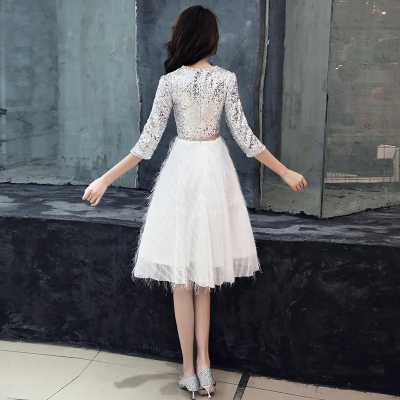 Женское короткое вечернее платье с круглым вырезом и блестками|Женские платья| |