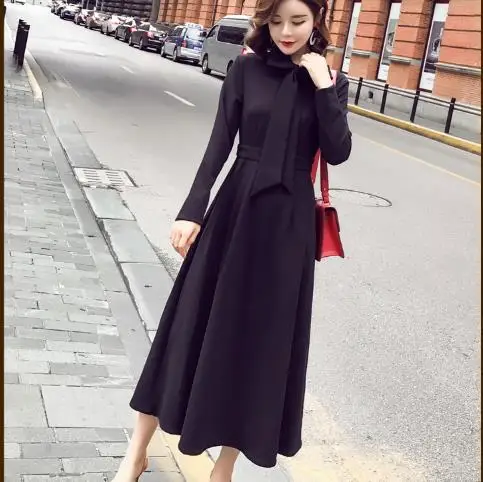 Женское платье с длинным рукавом черное в Корейском стиле для работы и офиса Q854