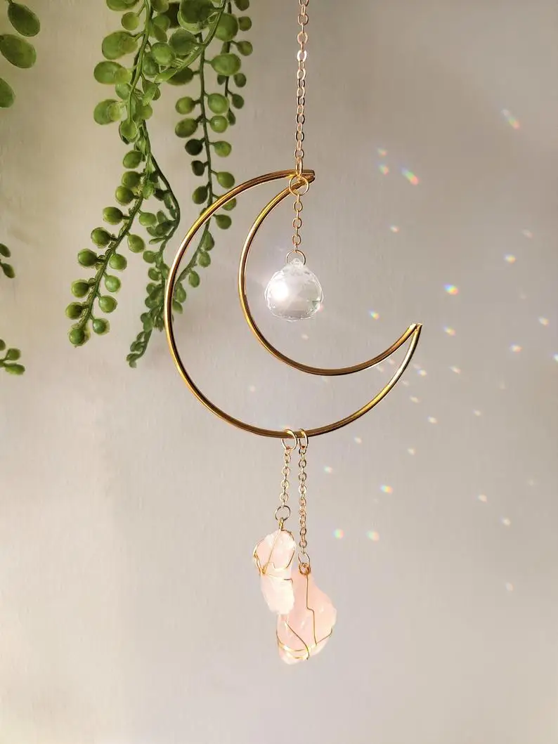 

Suncatcher Луна с розовым кварцем Кристалл Призма настенный домашний декор домашний подарок