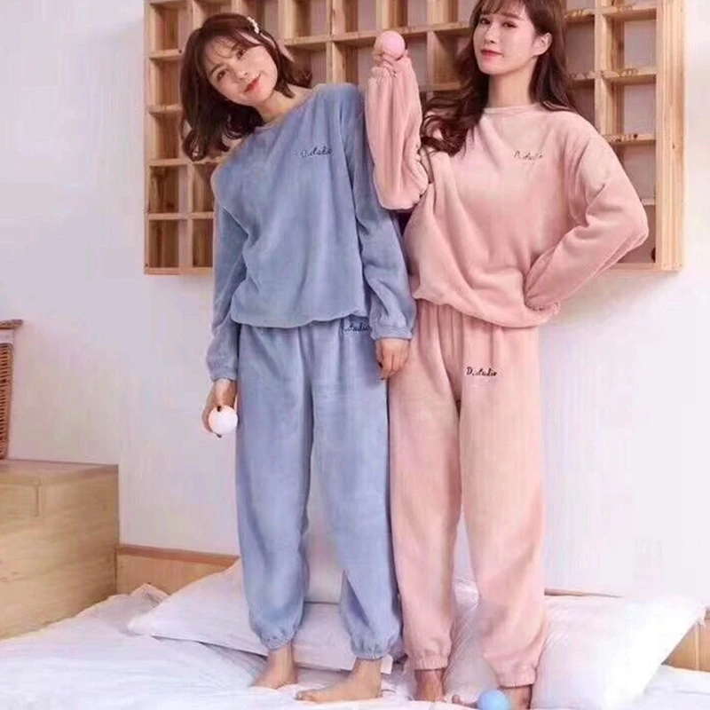 

Winter Flannel Pyjama Plants Femme 2 Piece/set Nightwear Women's Pajama Warm Home Clothes Sleepwear Coral Nighty Negligee Pink