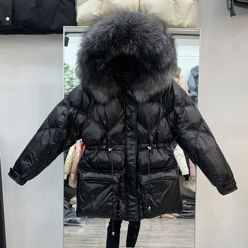 

Real Big Fox Fur Down Coat Women Winter Warm Parkas Female 90% White Duck Down Jacket Hooded Thin And Light Clothing Draw Back