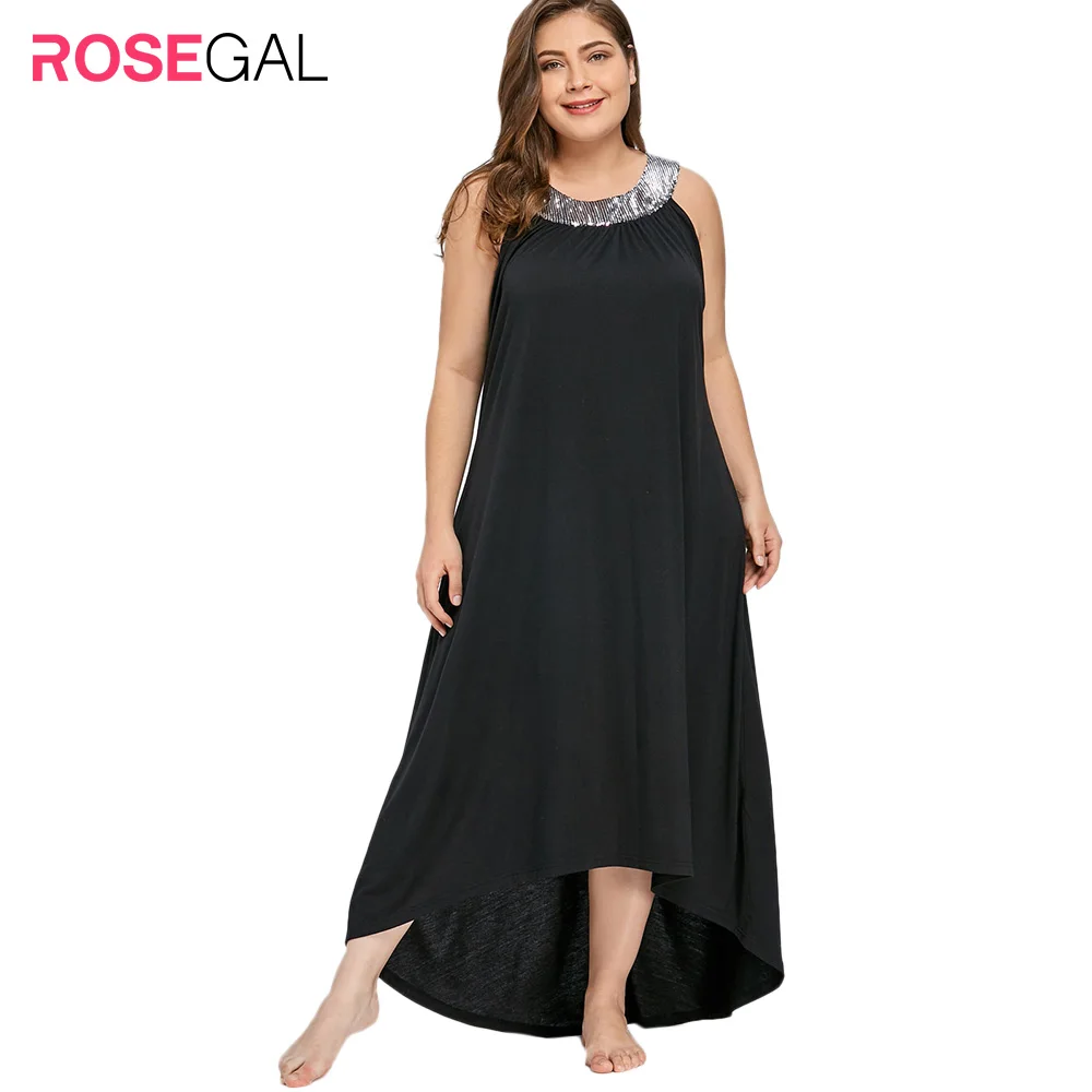 ROSEGAL Плюс Размер 5XL Блестки Воротник Без Рукавов Длинное Платье Макси Женские