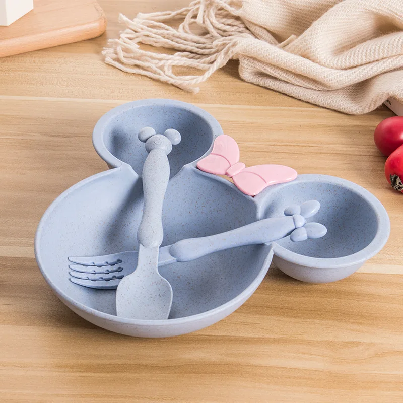 Blue Set Natural Wheat Straw Bowl Baby Fork Food Bowl Kids Cartoon Toddler Children Spoon Dinner Plate Set Training Tableware Feeding - Цвет: Blue Set