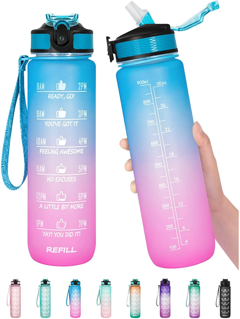 

1L Tritan Material Water Bottle With Bounce Cover Time Scale Reminder Frosted Leakproof Cup For Outdoor Sports Fitness