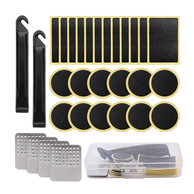 

Bicycle Tire Repair Kit with Plastic Bike Tire Lever Glueless Patches Metal Rasp Inner Tube Patching Tyre Repairing Tools 094C