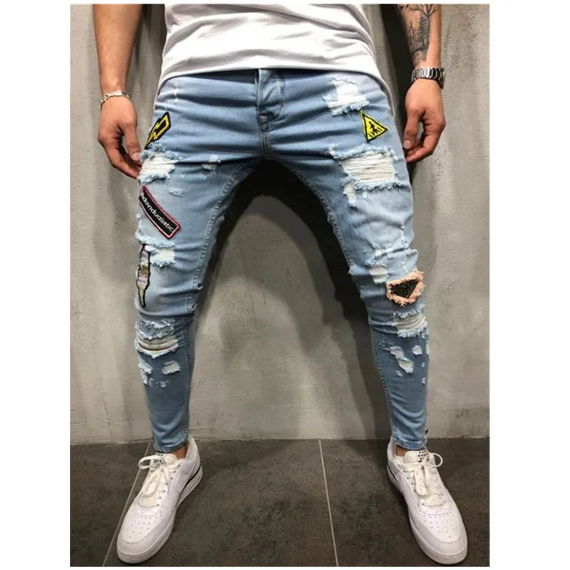Light blue Горячая новинка, мужские эластичные рваные обтягивающие байкерские джинсы с вышивкой и принтом, джинсы с прорезями и дырками, узкие джинсы, поцарапанные джинсы высокого качества - Цвет: Light blue