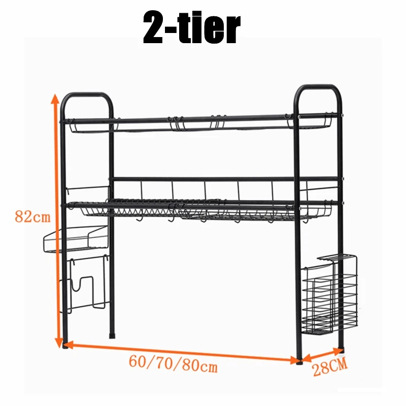 

Single/Double Layers Kitchen Organizer Shelf Storage Holder Black 60/70/80cm Stainless Steel Kitchen Dish Rack Sink Drain Rack