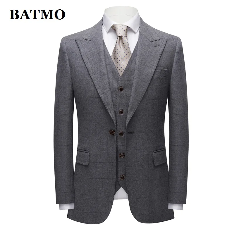 

BATMO 2021 Новое поступление высокое качество клетчатые повседневные серые костюмы для мужчин, мужское свадебное платье, большие размеры 3663