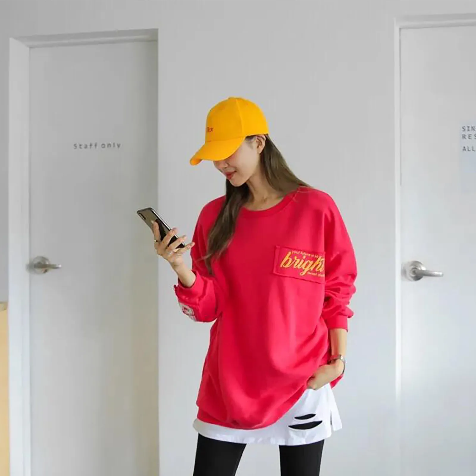 

Fashion casual ladies high-waist inner matching sweater tops fake bottoming artifact hem hole holes all-match skirts and short