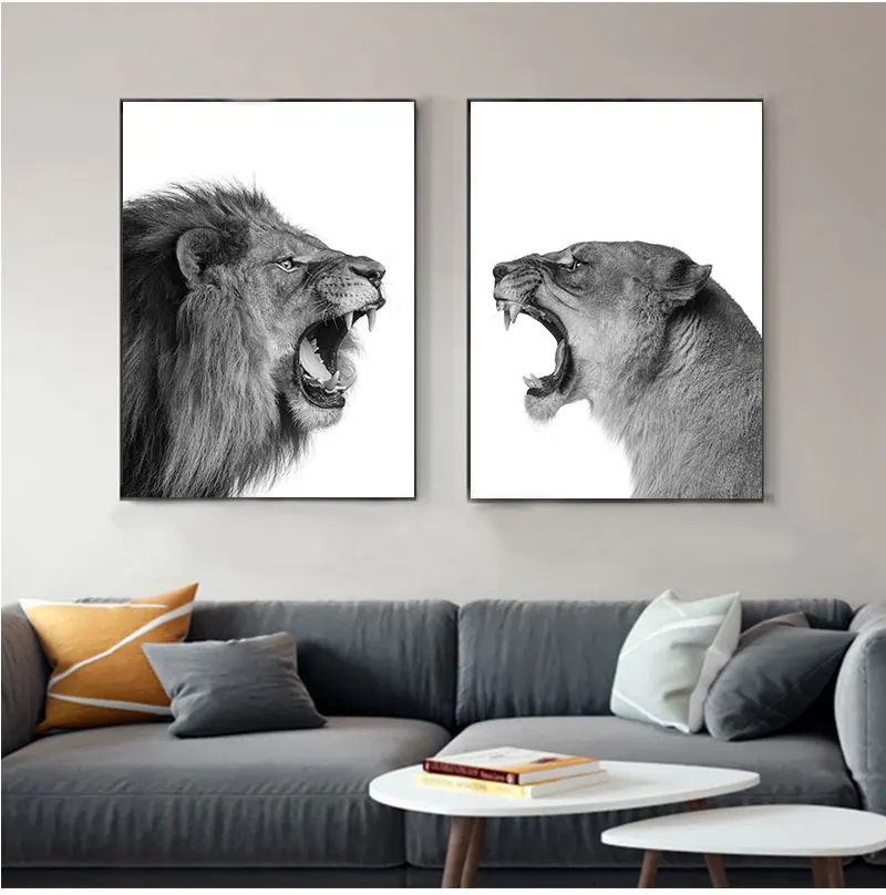 Холст с изображением Льва и львицы черно-белая деревянная стена животных картина
