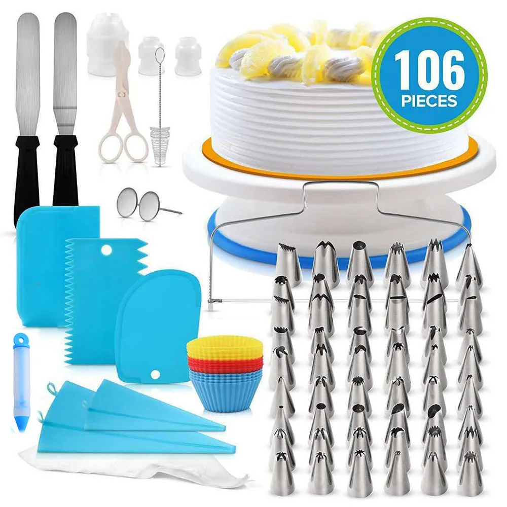 

106PCS/Set Cakes Turntable Kit Plastic Rotary Baking Stand Piping Nozzle Piping Bag Set Cake Accessories Cakes Tools