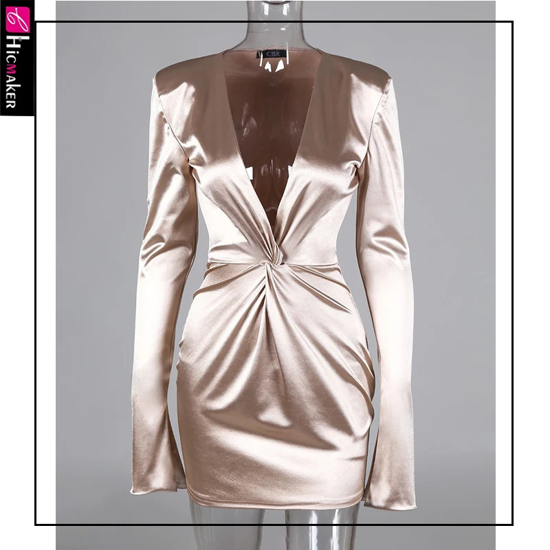 Plunge Twisted Design Slit Cuff Dress Women Chic Long Sleeve Bodycon Solid Spring Fall Sexy& Club Party Dress