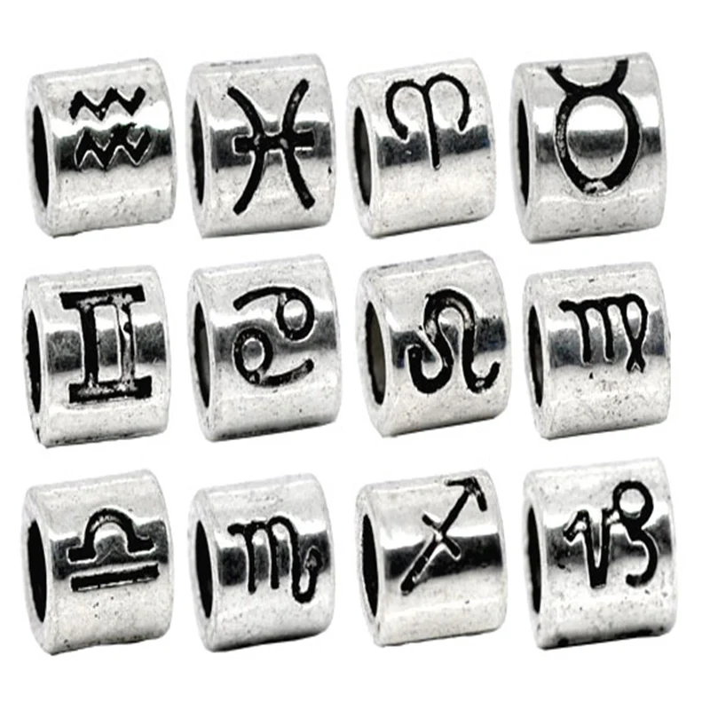 

36 PCs Doreen Box Mixed Zodiac Spacer Beads Znic Alloy Silver Color Fit Charm Bracelet Jewelry 7.5x7.5mm, Hole: 4.5mm