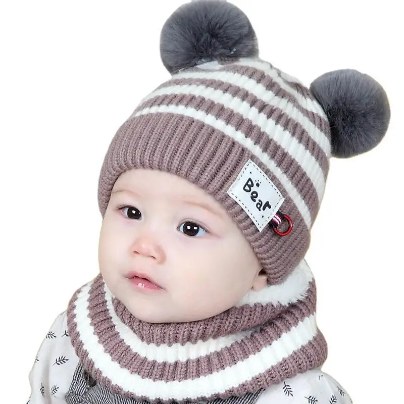 

Boy Girls Hat And Scarf Set Warm Baby Cap Stripe bear Knitted Hat Scarf Winter Accessories Beanie Skullies Candy Color