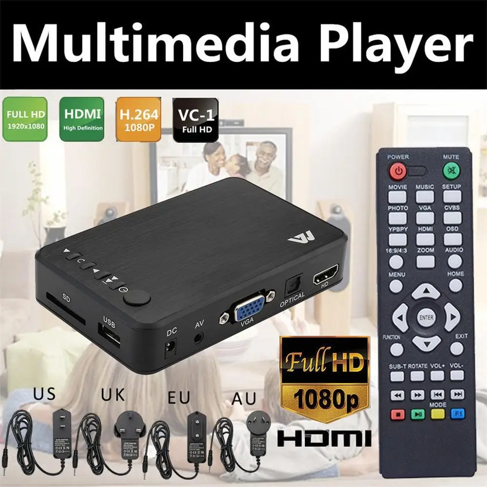 Reprodutor de Vídeo Externo para Mkv Completo Portátil – Hdmi Saída Vga Usb Hdd Media Player Rmvb 1080p H.264 av