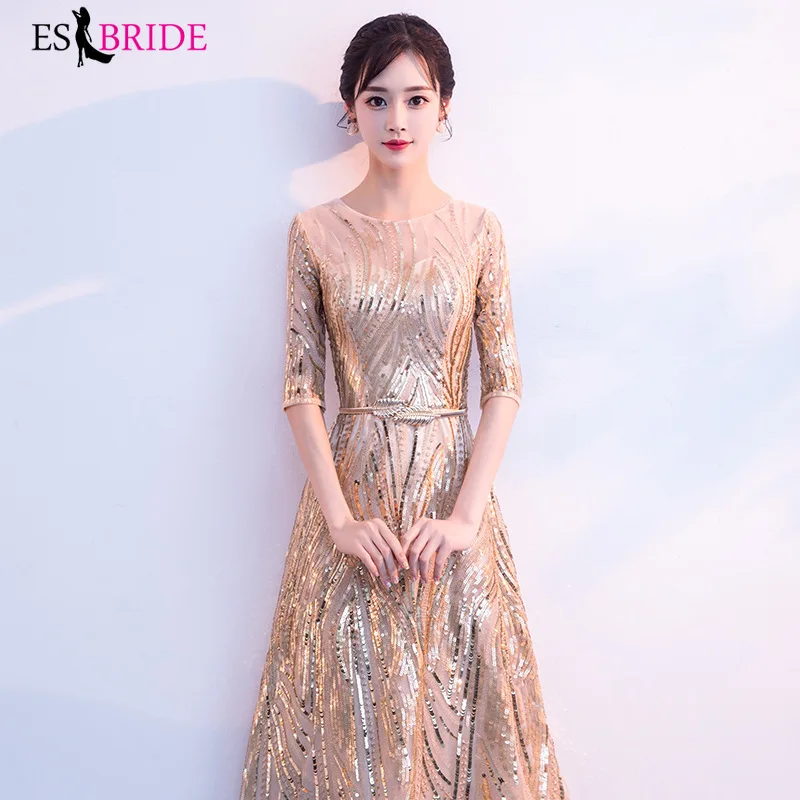Luxury Evening Dresses Long Fashion Gorgeous Gold Shiny Bead Piece Evening Dress Party Elegant A-line Robe De Soiree ES2611