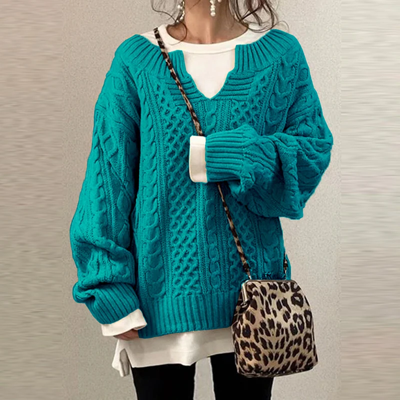 

Women Spring Elegant V Neck Patchwork Lace Sweaters Ladies Autumn New Design Fashion Solid Hollow Out Knitted Sweaters Jumper