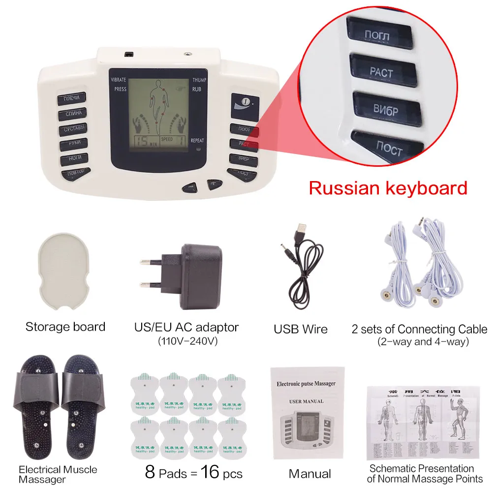 Russian-slippers Тела Электрический миостимулятор русский и пуговицы Therapy Массажер импульсный иглоукалывания полный массаж тела отдохнуть ухода 8 колодки - Цвет: Russian-slippers