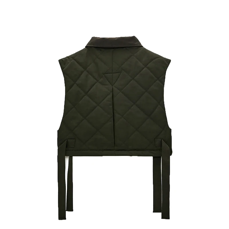 

Stylish Chic Green Pocekts Quilting Cropped Vests Women 2021 Za-Traf Fashion Side Buttons Tie Turn-Down Collar Waistcoat