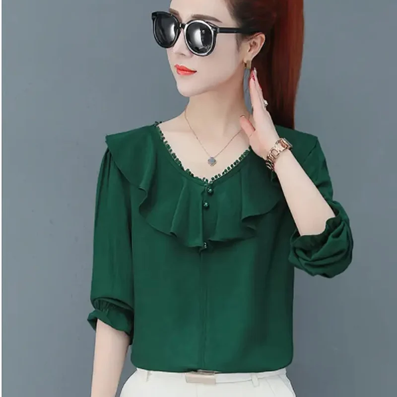 Женские шифоновые рубашки в повседневном стиле с длинным рукавом и воротником