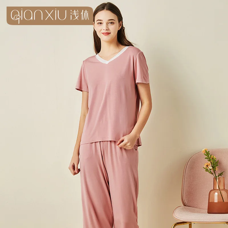 

Pajamas women's summer new products women's spot short sleeve Capris household clothing bamboo fiber pajamas women
