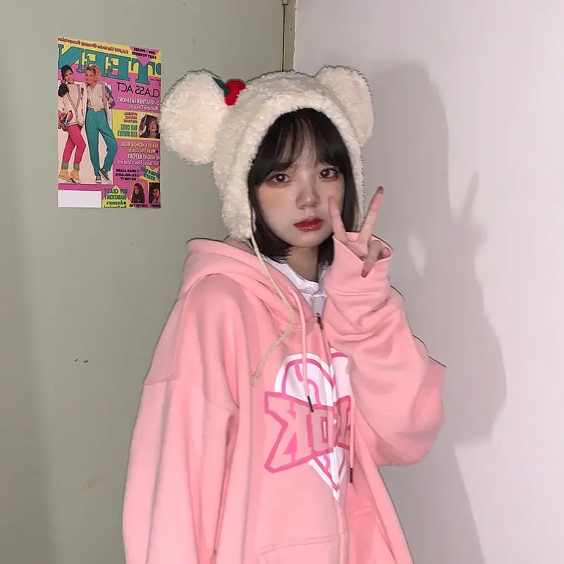 

Women's sweatshirt korean Letter love print Female clothes harajuku loose Zipper cardigan Oversized vintage Streetwear coat tops