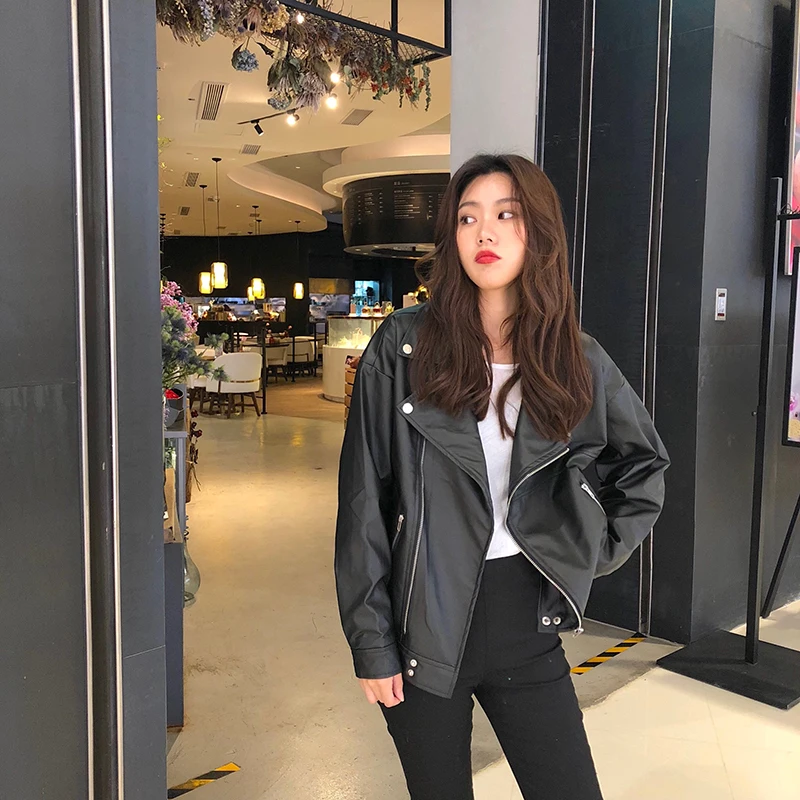 Korean Women PU Leather Jacket Oversized Chic Leather Biker Jacket Women Chaqueta Cuero Mujer Veste Cuir Femme