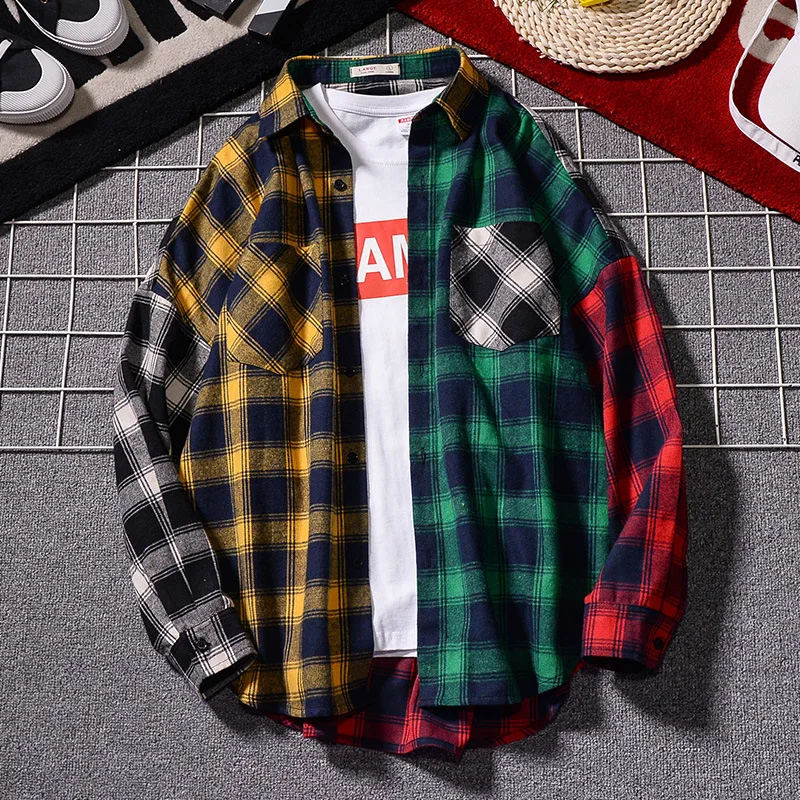 Color Block Patchwork Turn-down Collar Men's Shirt Flannel Plaid Hip Hop Shirts Men High Street plaid long sleeve shirt