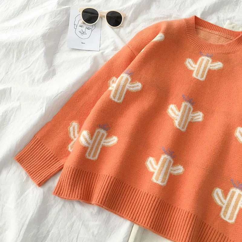 Gaganight оранжевый кактус милый свитер для девочек повседневный свободный Женский