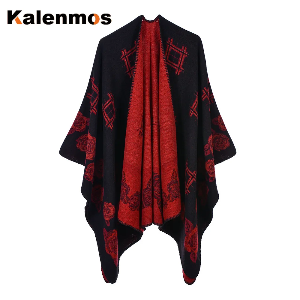 Плащ-пончо шарф Женская печать имитация розы кашемировые накидки Национальный