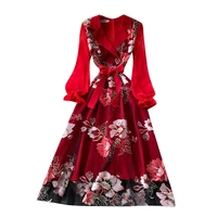 elegant flower embroidery women dress 2022 spring elegant suit collar sash bandage big swing long dress ladies party dress red