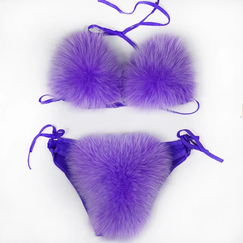 

Sexy Underwear For Women Natural Soft Fox Fur Bra Sets Large Size Beach Bikini Set Charm Lady Gift 2021 Hot Sale