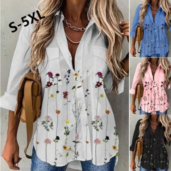 

Женская блузка, Новинка лета 2022, Повседневная Свободная рубашка с длинным рукавом и цветочным принтом для женщин