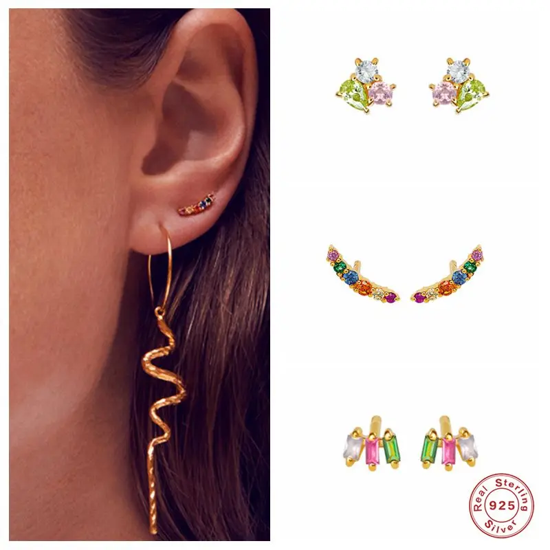 

Aide Real 925 Sterling Silver Colorful Zircon Crystals Stud Earring for Women Unisex Rainbow Piercing Earrings Jewelry Orecchini