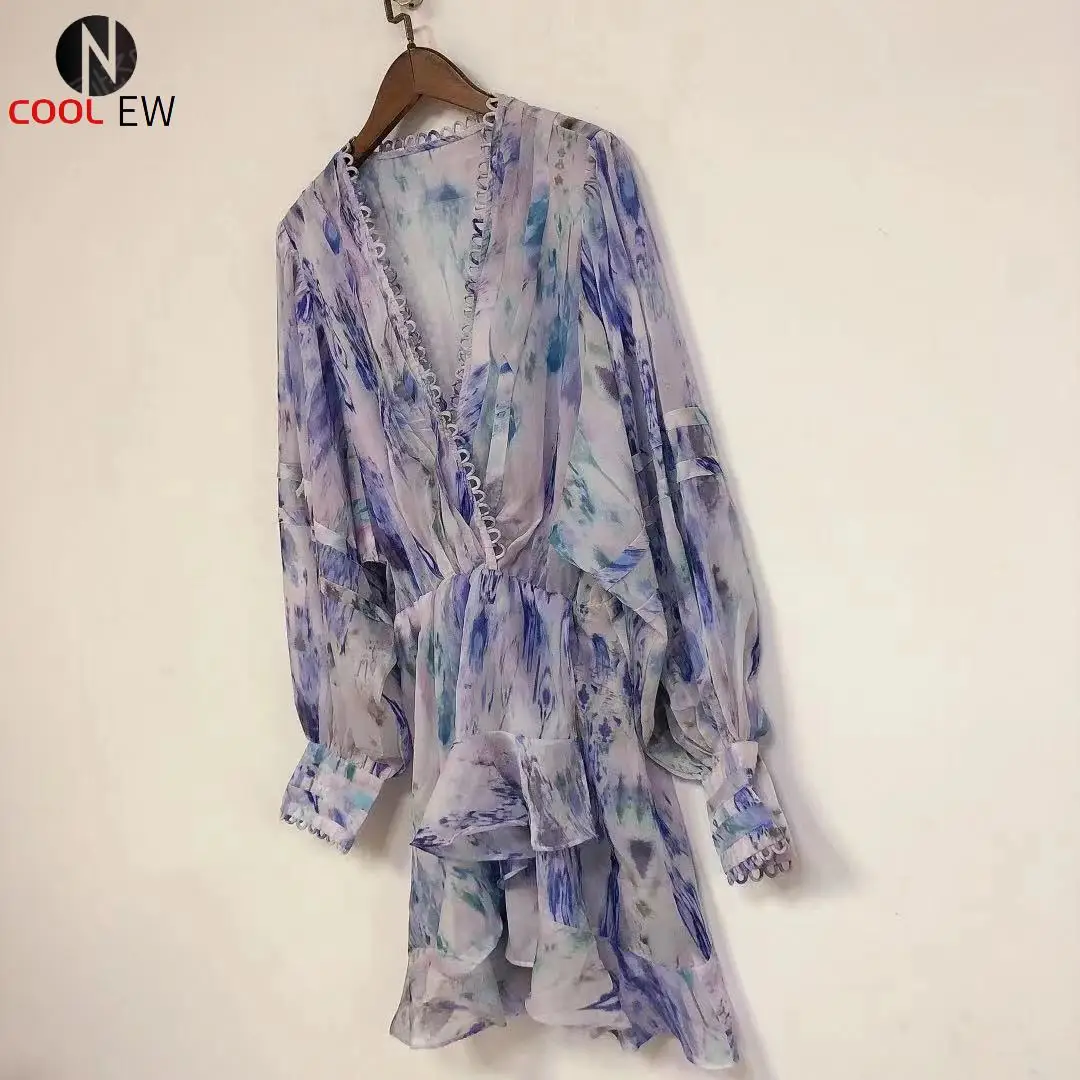 

Ladies Wrap V Neckline Hollow Out Printed Ruffled Long-sleeved Short Mini Dress