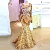 golden lace ruffled transparent mermaid long sleeve evening dress banquet prom wedding custom aso ebi