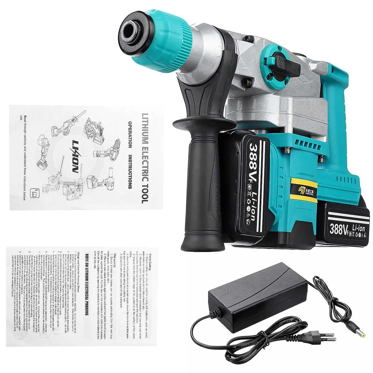

2000W 388VF Brushless Electric Rotary Hammer Rechargeable Multifunction Electric Hammer Impact Power Drill Tool with 2Battery