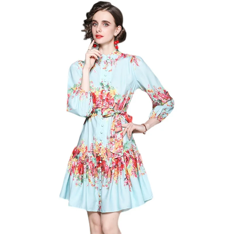 

Temperament Print Sashes Dress Elegant Woman Stand Collar Long Sleeved Clothes 20201 New Summer Beach