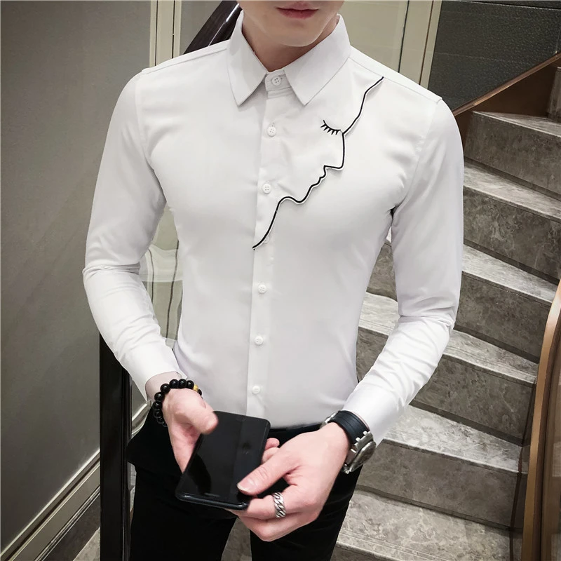 Мужская Однотонная рубашка с вышивкой весна 2020 уличная одежда черно белая