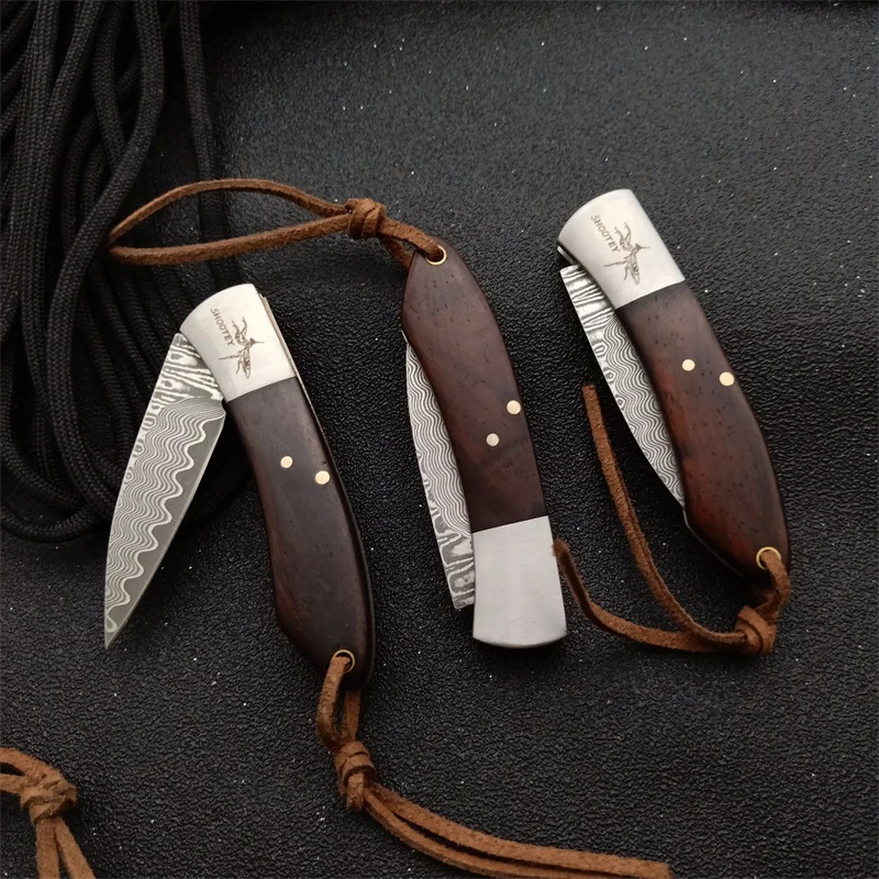 

Damascus Steel Outdoor Tactical Folding EDC Mini Pocket Fruit Knife Jungle Hunting Portable Key Ring Sandalwood Handle Knife