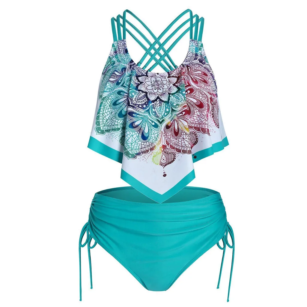 Women's Bohemian Bandage Printed Split Swimsuit Bikini Boh Summer Fashion Pushups Beach Covered Ruffled Crisscross Tankini 04* | Женская