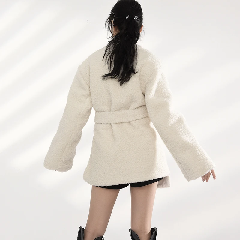 

loose Women's wool jacket, long sleeve high collar loose jacket, white, large, fashionable autumn and winter, 2021, 1dd217600