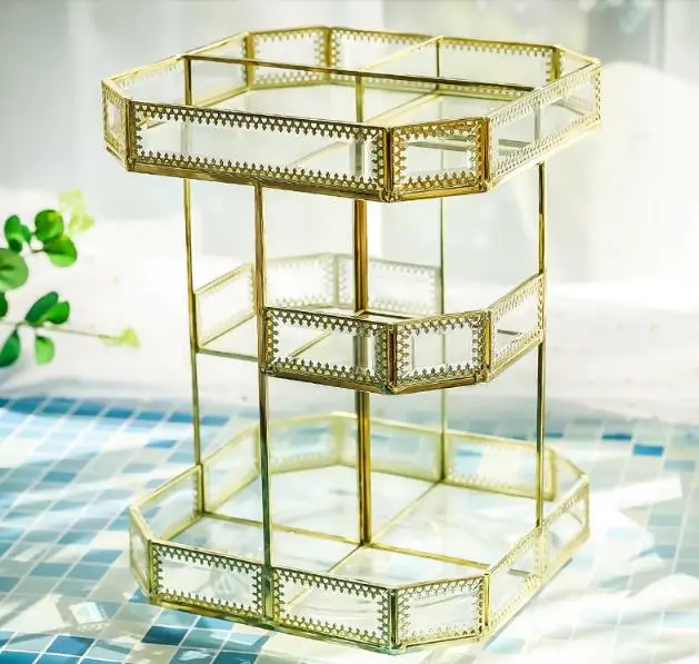 Transparent glass rotating cosmetic storage box desktop retro skin care dressing table lipstick finishing rack | Дом и сад